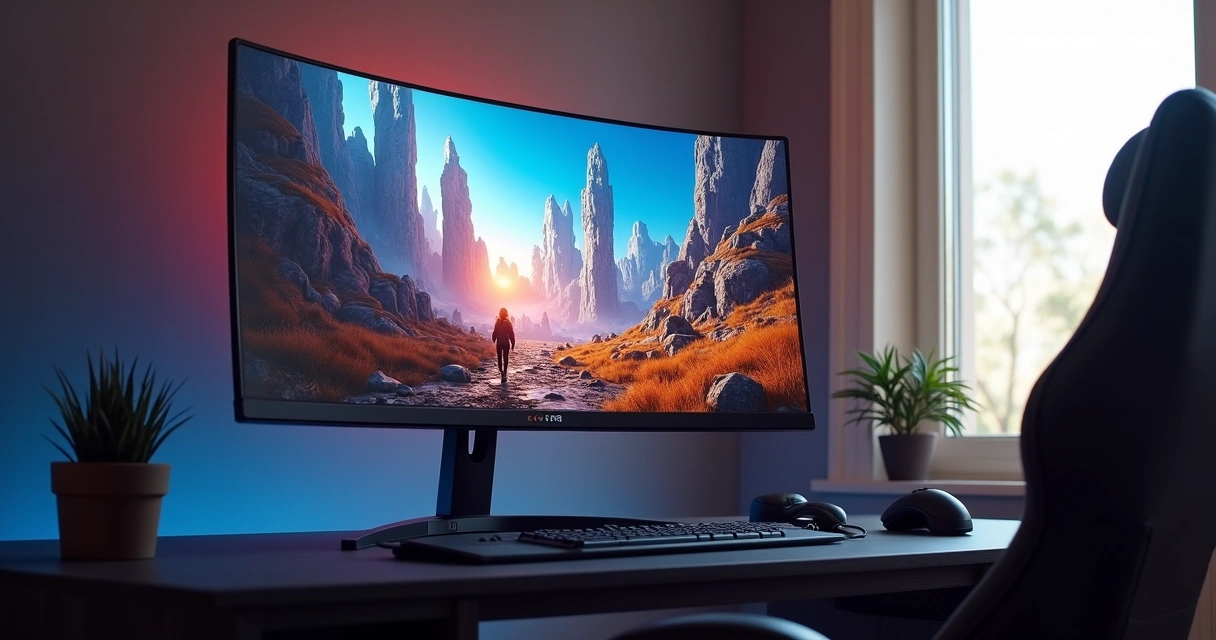 Monitor curvo exibindo jogo de RPG 