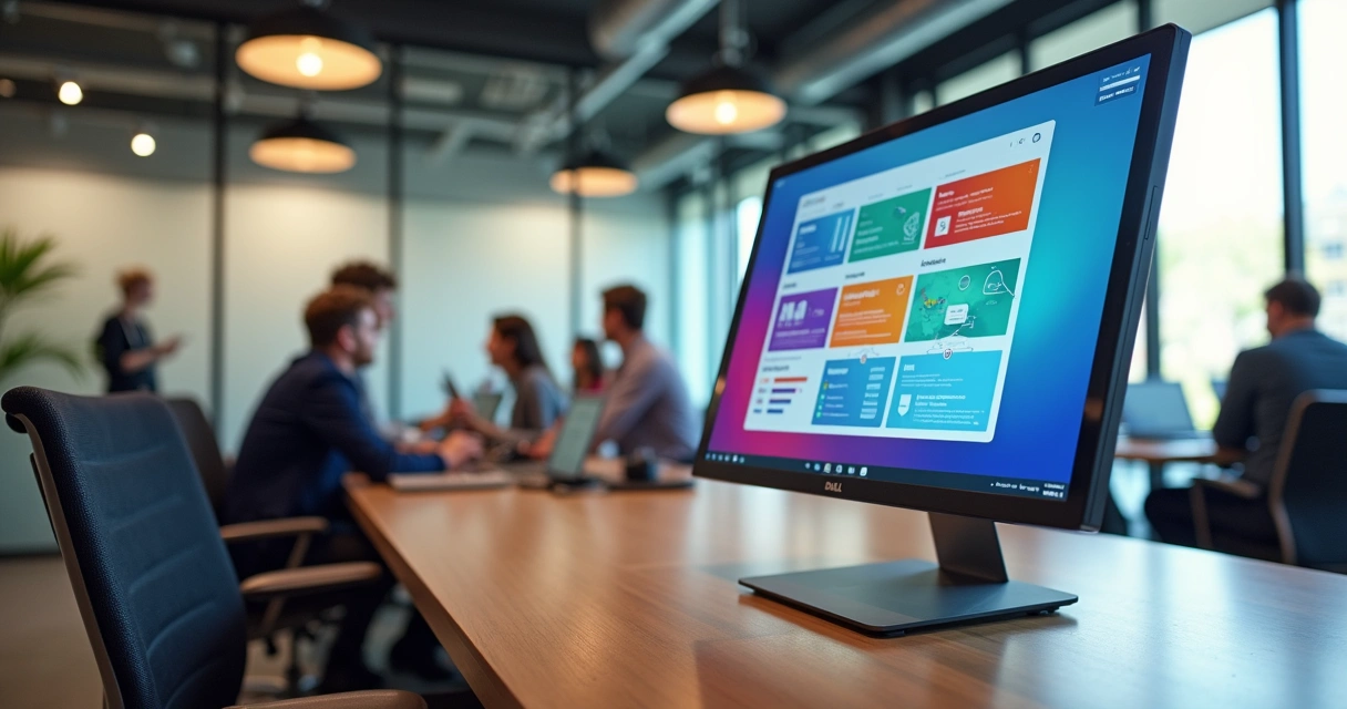 Monitor Dell sobre mesa com teclado em ambiente de coworking compartilhado