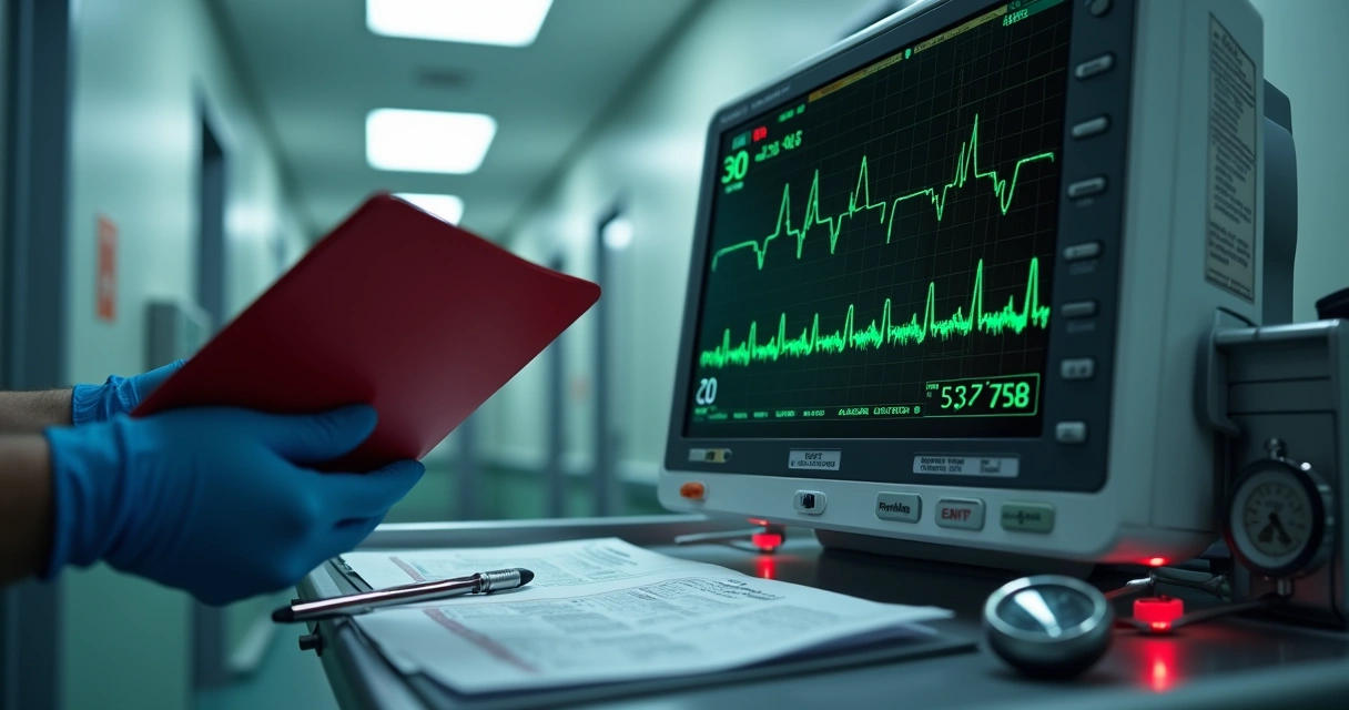 Tela de monitor cardíaco destacando supra de ST em sala de emergência 