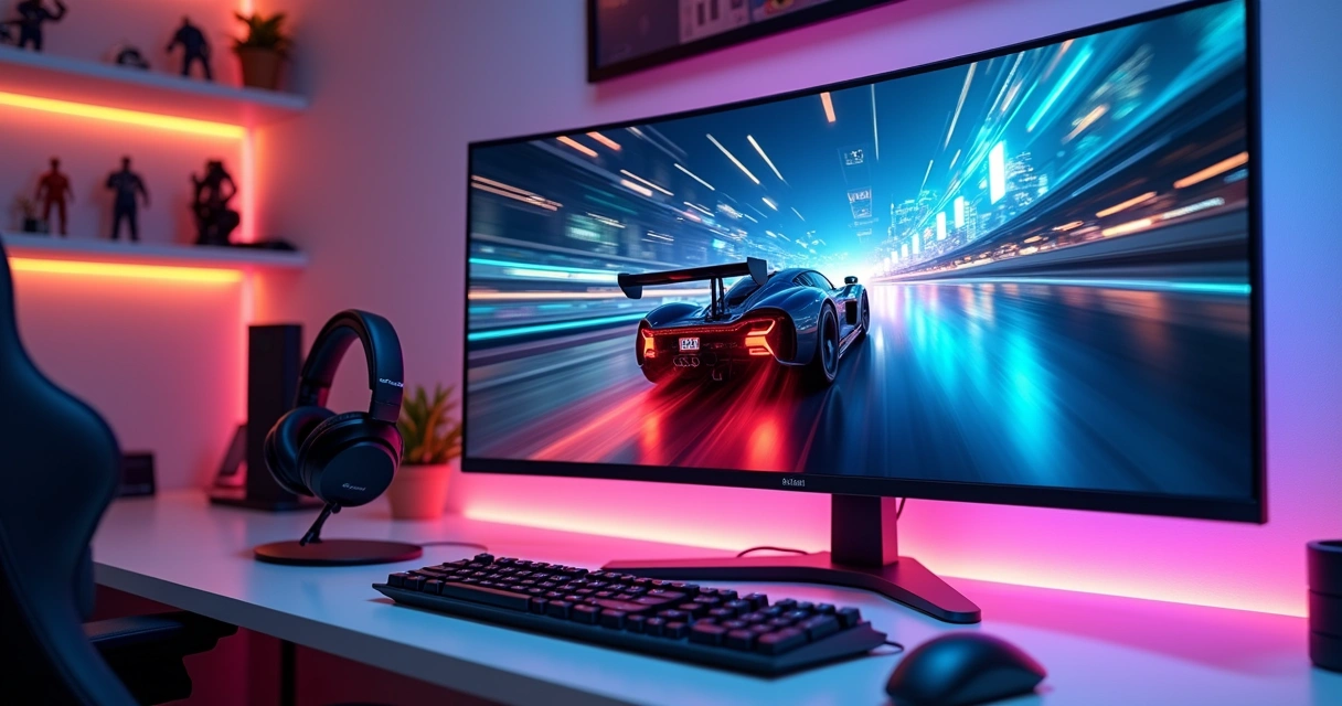 Monitor gamer moderno em mesa de setup 