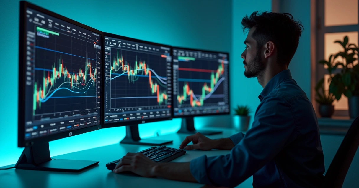 Monitor com gráficos financeiros em operação automatizada 