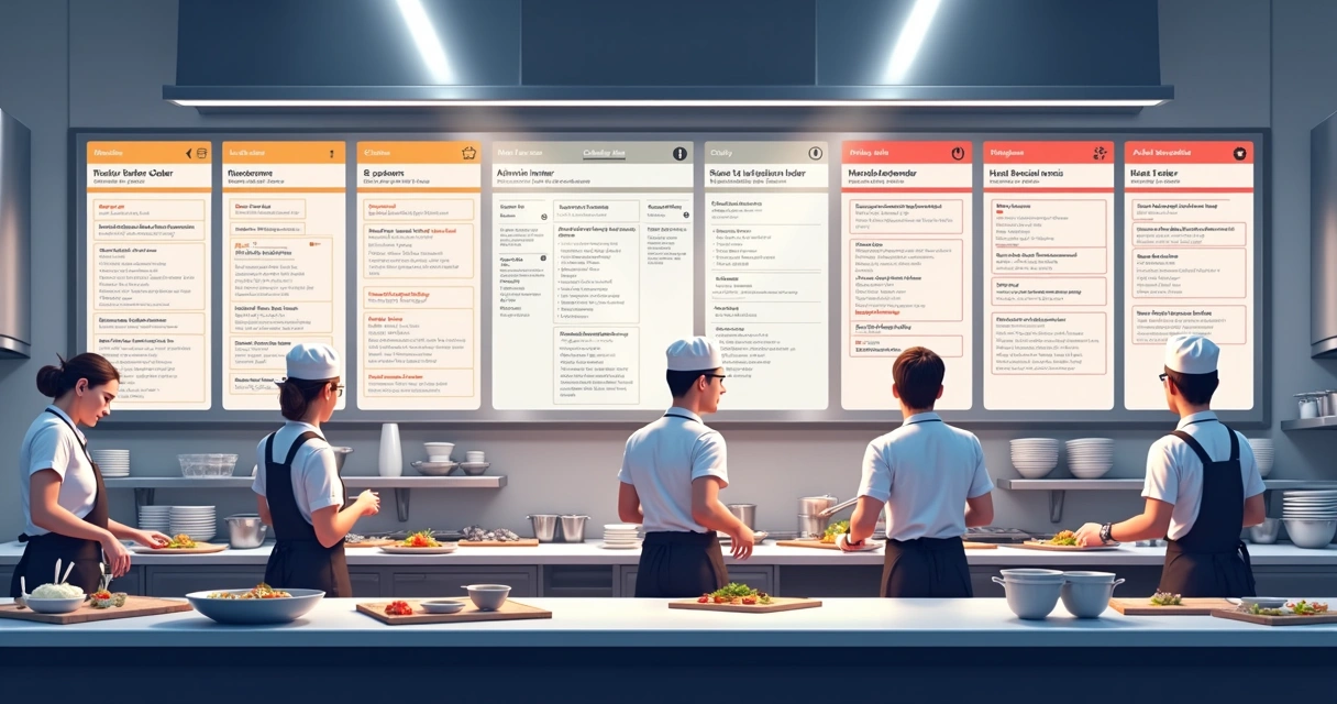 Tela digital de cozinha com pedidos organizados em restaurante 