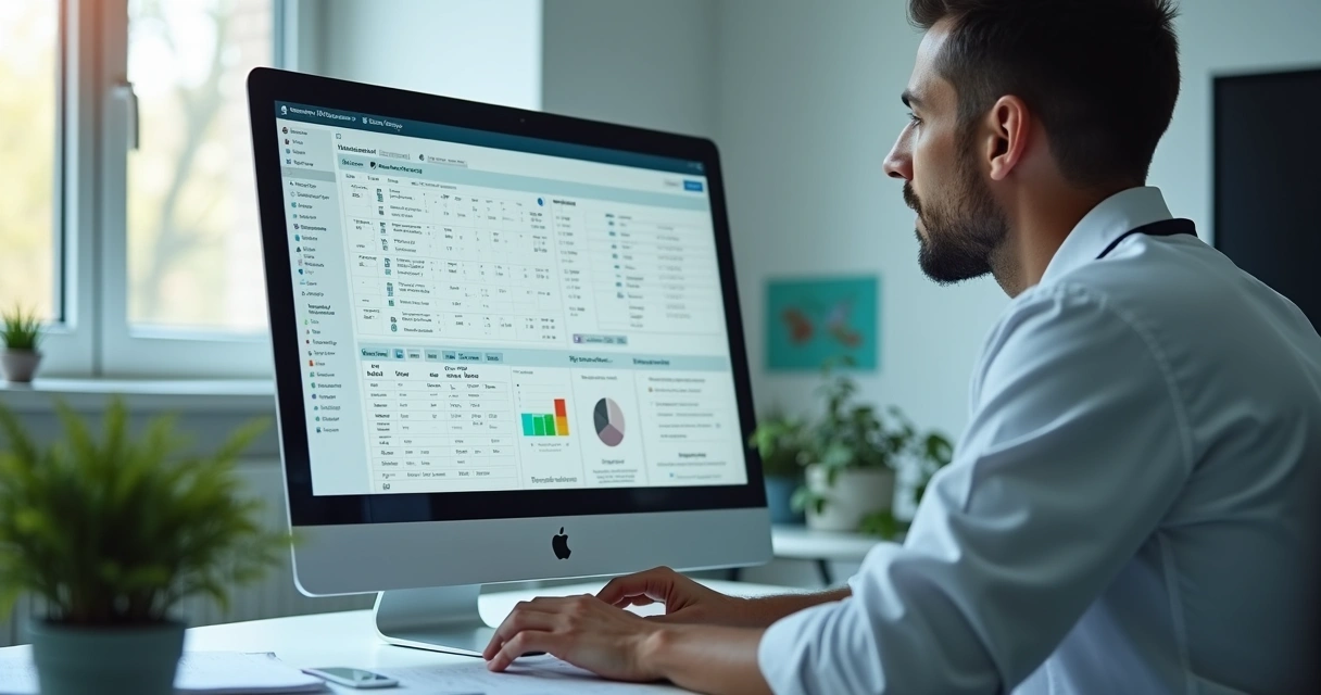 Tela de computador com planilha de pacientes e laudo nutricional em ambiente de consultório 