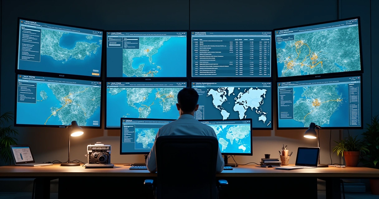 Operador monitorando telas com rotas e veículos em central de transporte corporativo 