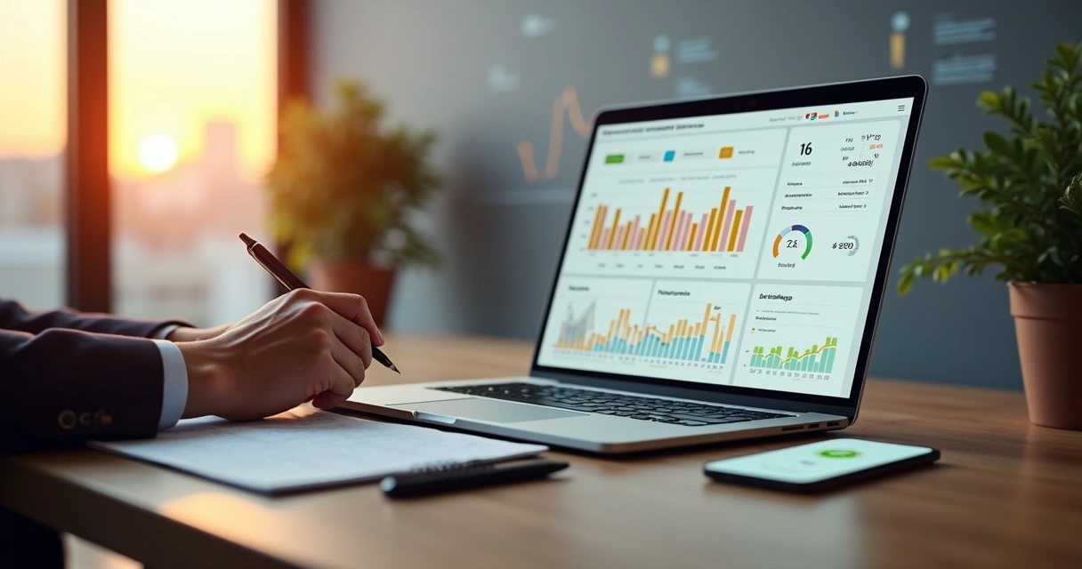 Pessoa analisando métricas de desempenho de site em notebook moderno 