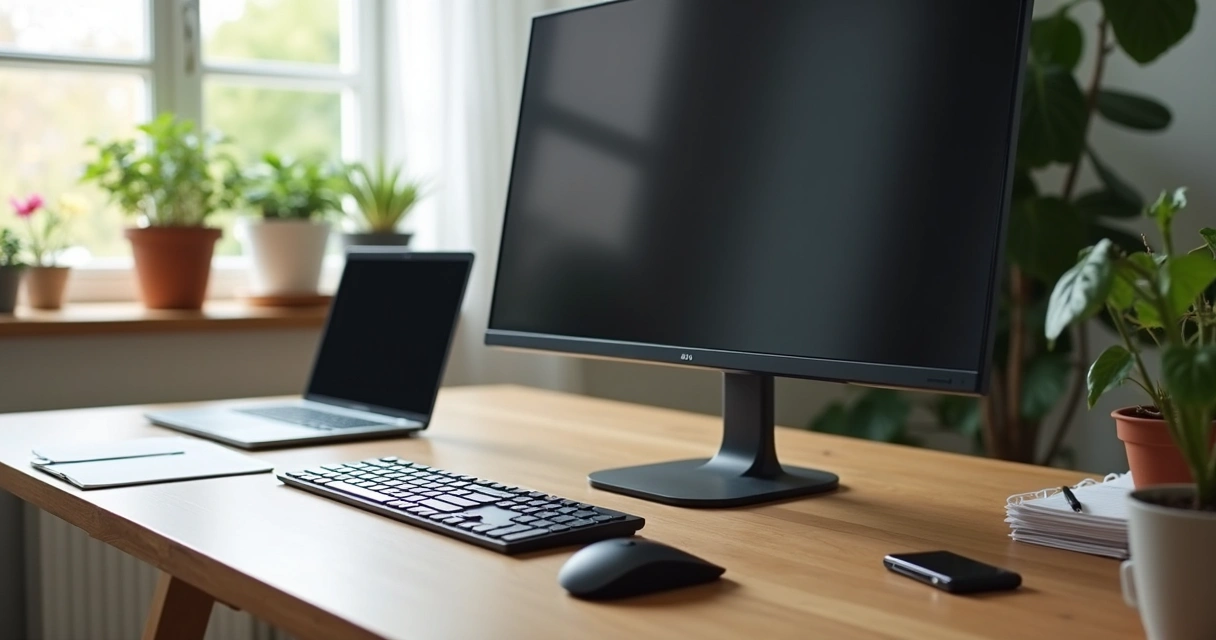 Monitor moderno em mesa de trabalho remoto com teclado e luz natural 