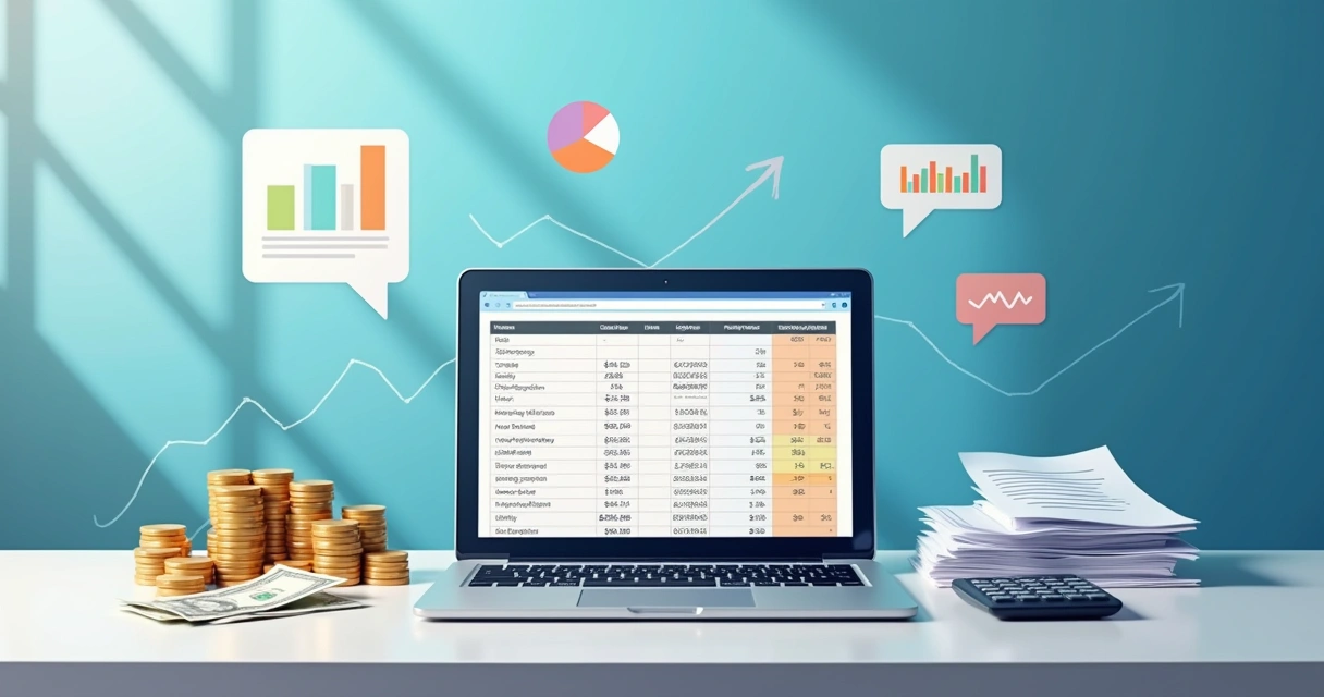 Espaço de trabalho organizado com laptop, planilha de fluxo de caixa, moedas e despesas visíveis.