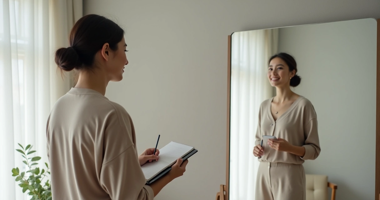 Pessoa adulta se observando com atenção diante de um espelho com reflexos múltiplos 