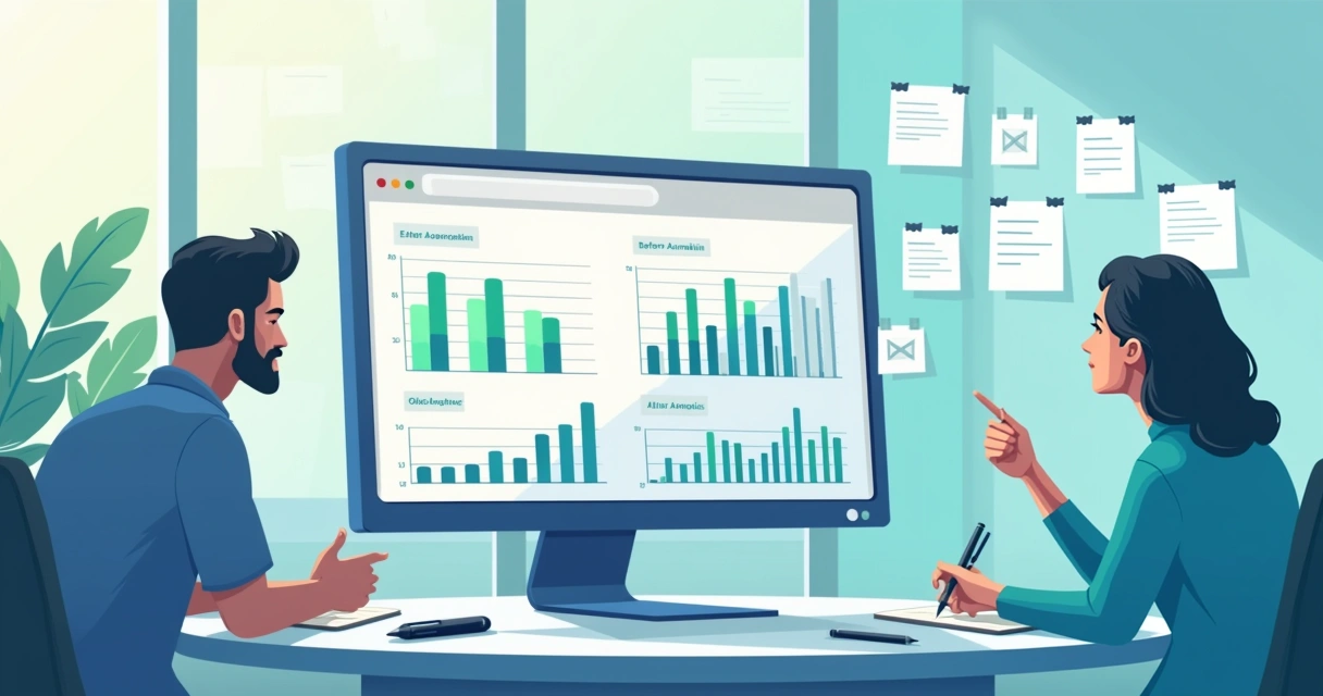 Ambiente de trabalho moderno com computador exibindo gráficos de desempenho de automação e equipe discutindo feedback.