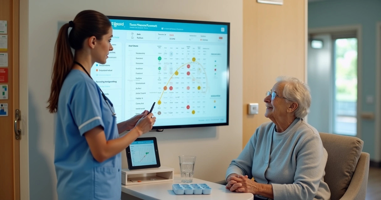 Enfermeira em ILPI analisando interações medicamentosas em painel digital ao lado de idosa 