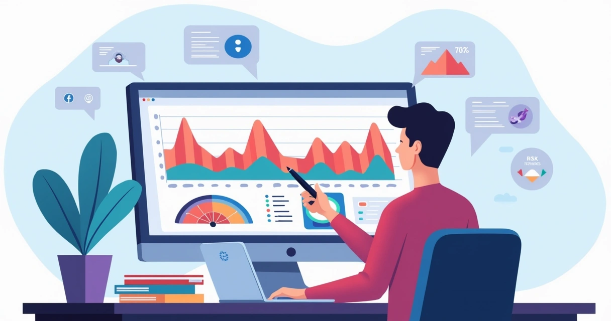 Ilustração de profissional analisando gráficos de menções de marca com picos atípicos 