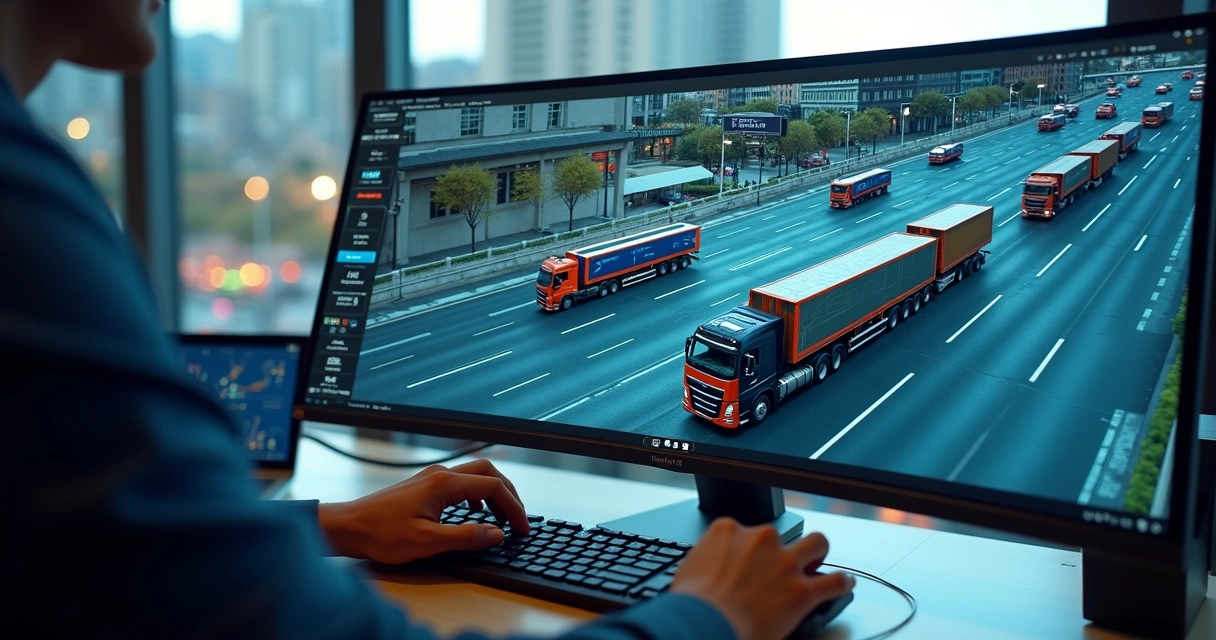 Operador visualizando monitoramento remoto de veículos no computador