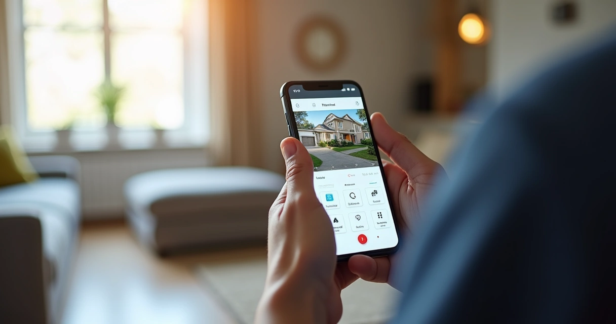 Pessoa segurando celular com aplicativo de monitoramento residencial aberto 