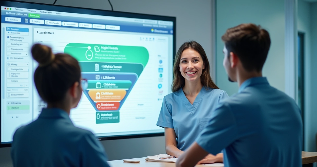 Equipe de recepção analisando funil de agendamento em tela de computador na clínica 