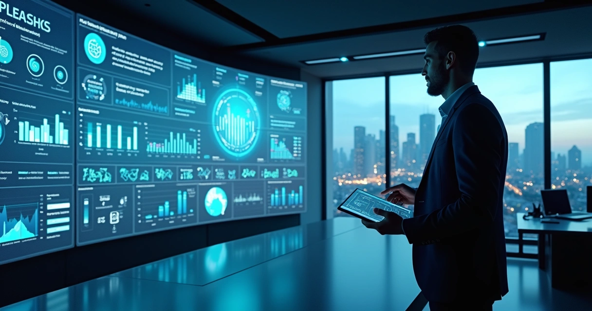 Executivo monitorando painel de desempenho de agentes de IA em escritório corporativo moderno 