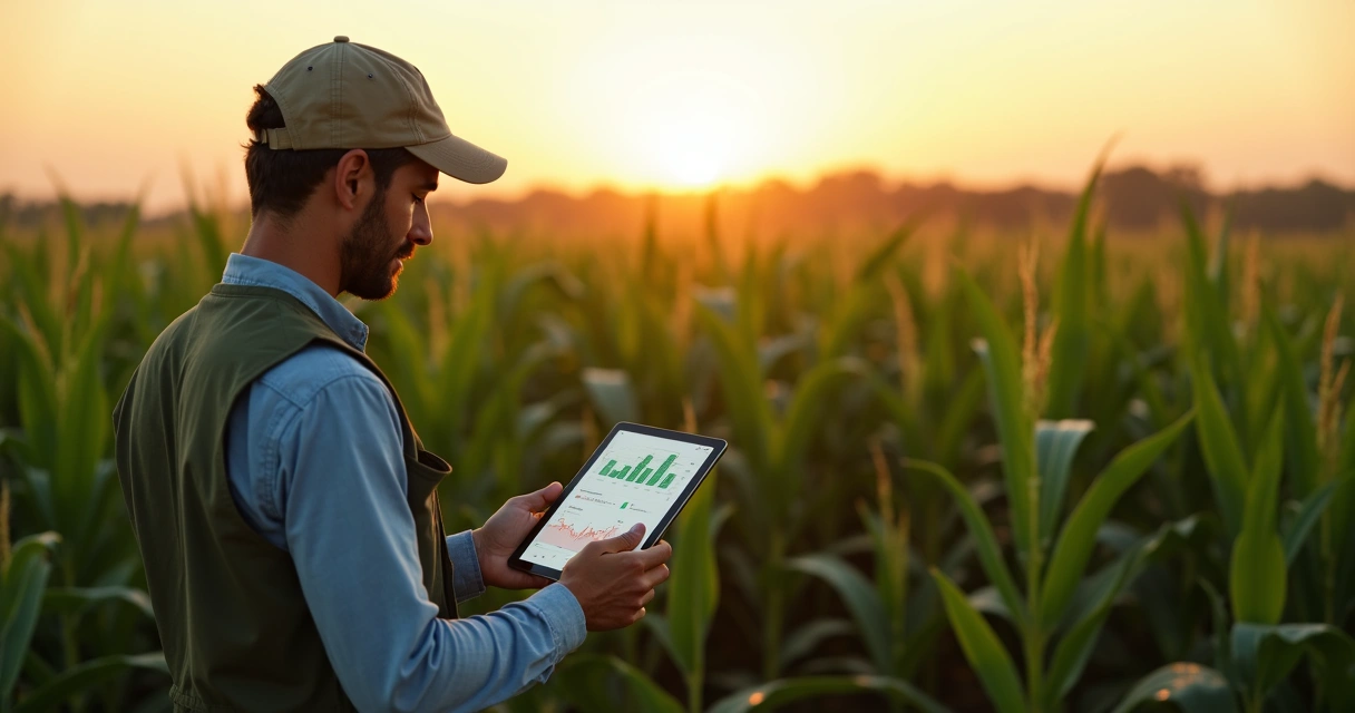 Técnico monitorando dados agrícolas em tablet no campo 