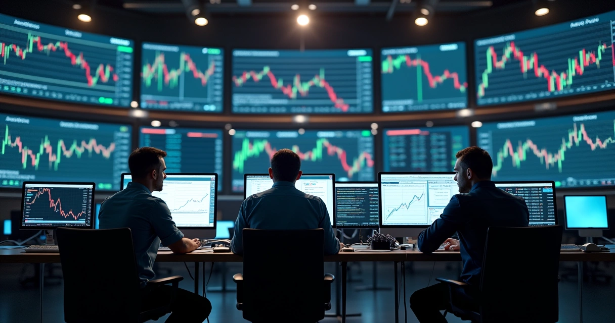 Sala de trade monitorando algoritmos com gráficos e cotações 