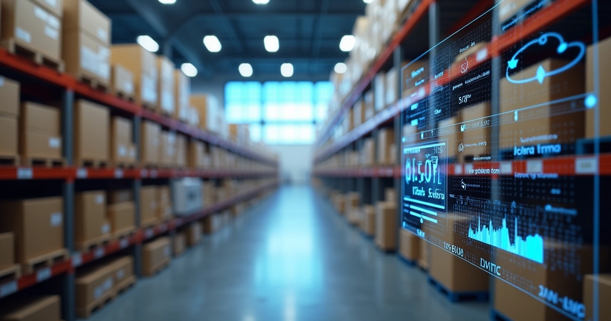Painel digital mostrando dados ambientais em armazém com caixas e sensores IoT instalados 