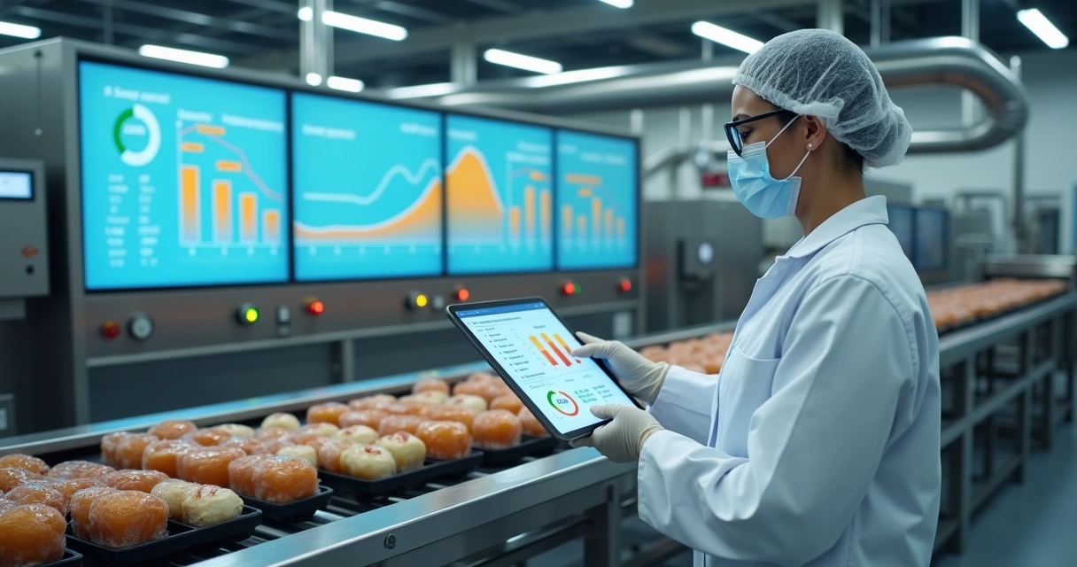 Técnico realizando monitoramento ambiental em indústria de alimentos com tablet e sensores 