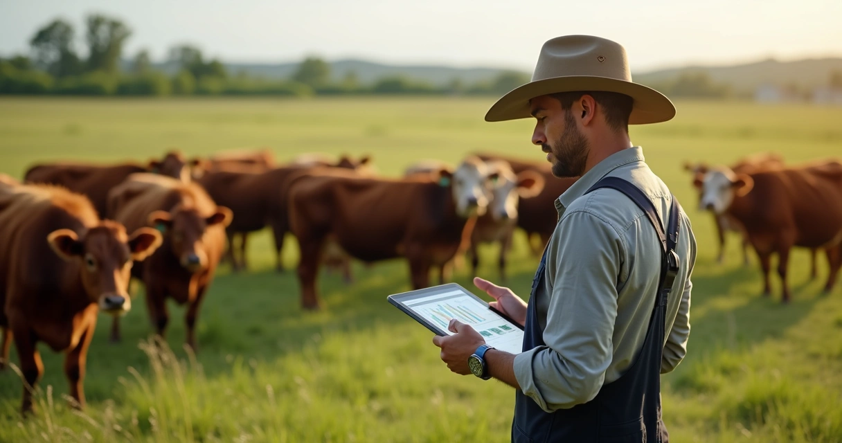 Técnico rural monitorando dados de fazenda no tablet junto ao rebanho bovino 