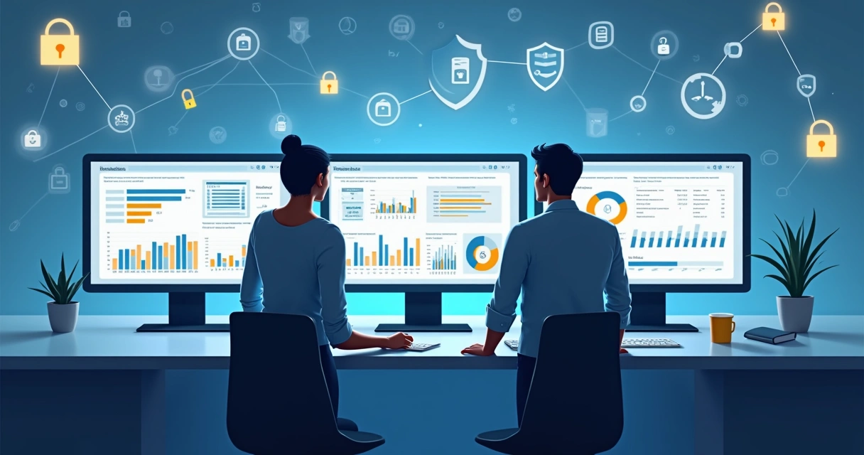 Monitor com gráficos de segurança e pessoas analisando dados 