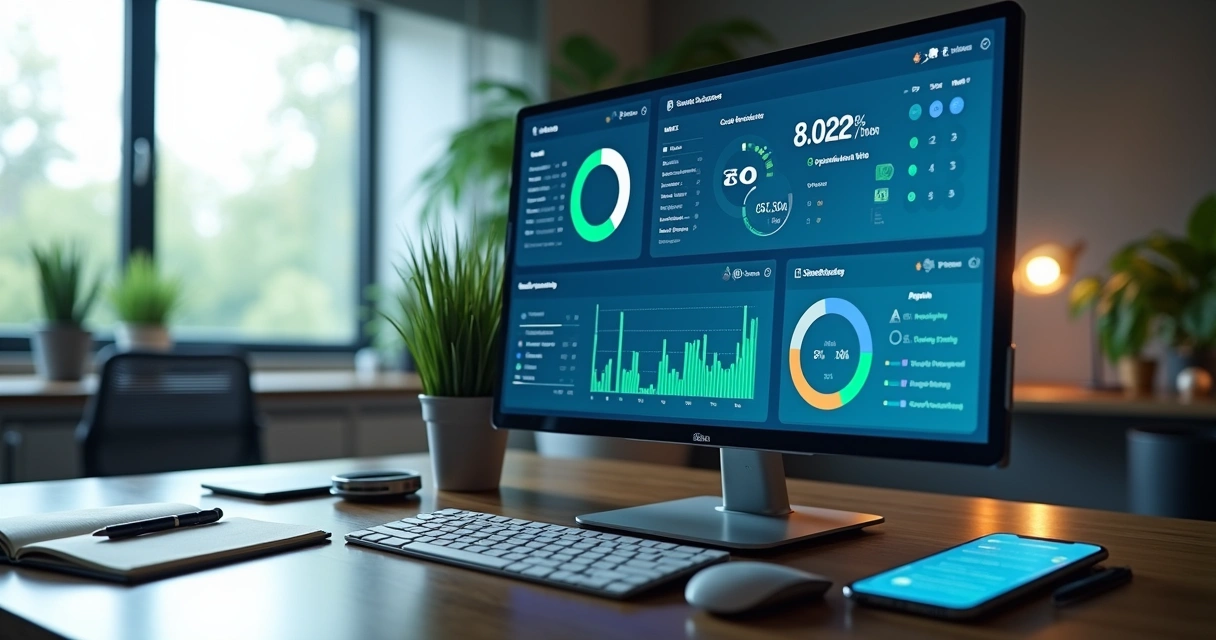 Tela de computador exibindo dashboards de monitoramento de crédito por API com gráficos e dados em destaque 
