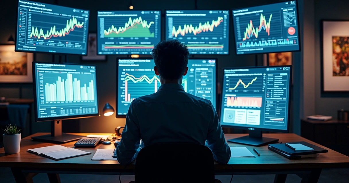 Pessoa monitorando várias telas com gráficos e notícias de eventos culturais
