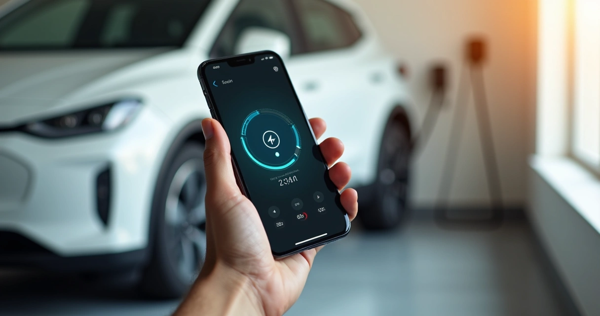 Pessoa usando celular para ver monitoramento de bateria de carro elétrico 
