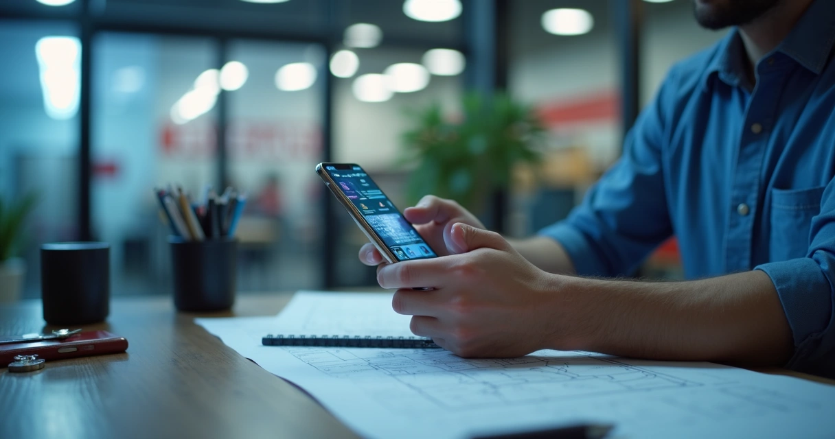 Gestor acompanhando alarme e câmeras da loja pelo celular 