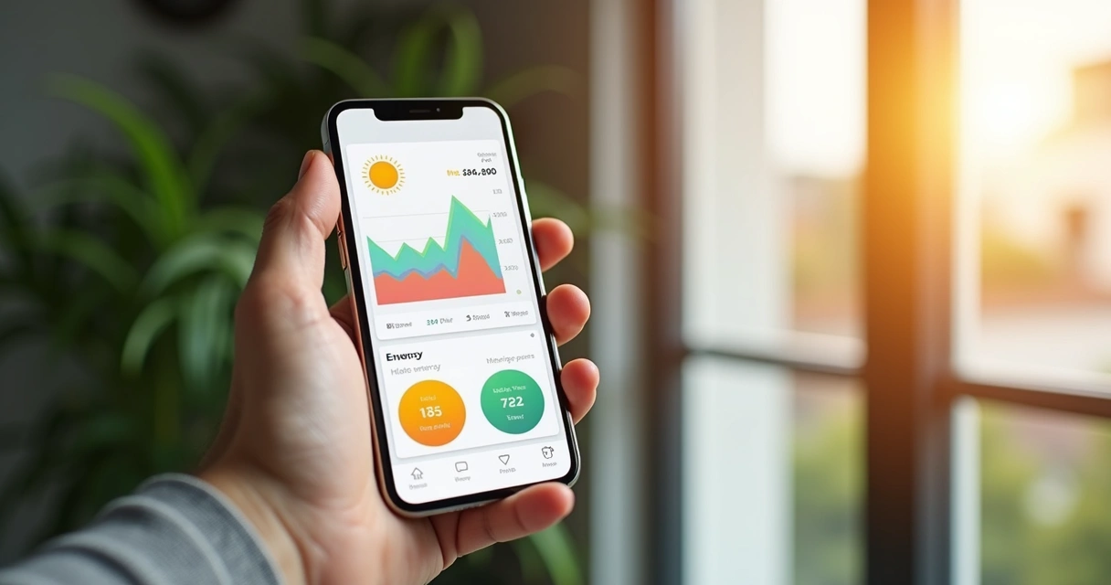 App de monitoramento de energia solar em smartphone com gráfico de produção 