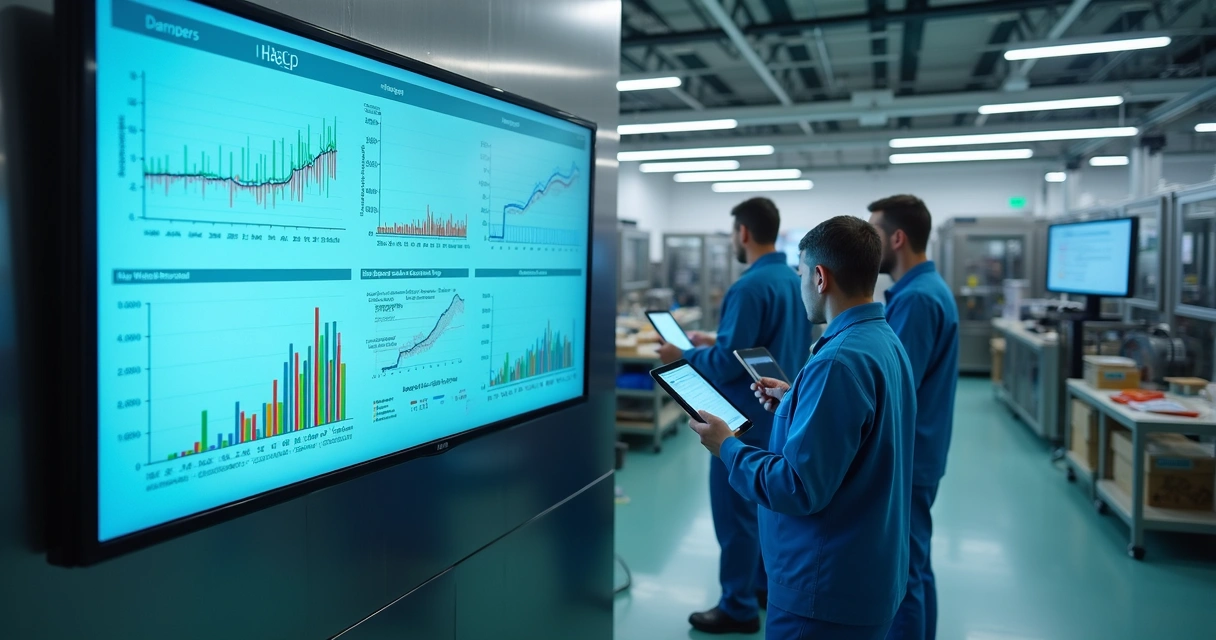Painel digital mostrando monitoramento de APPCC em fábrica de alimentos 