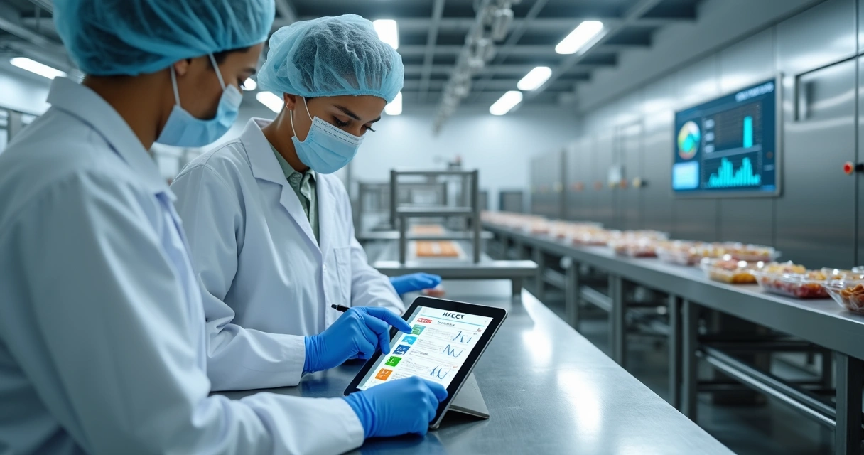 Equipe monitorando checklist de APPCC em linha de produção de alimentos 