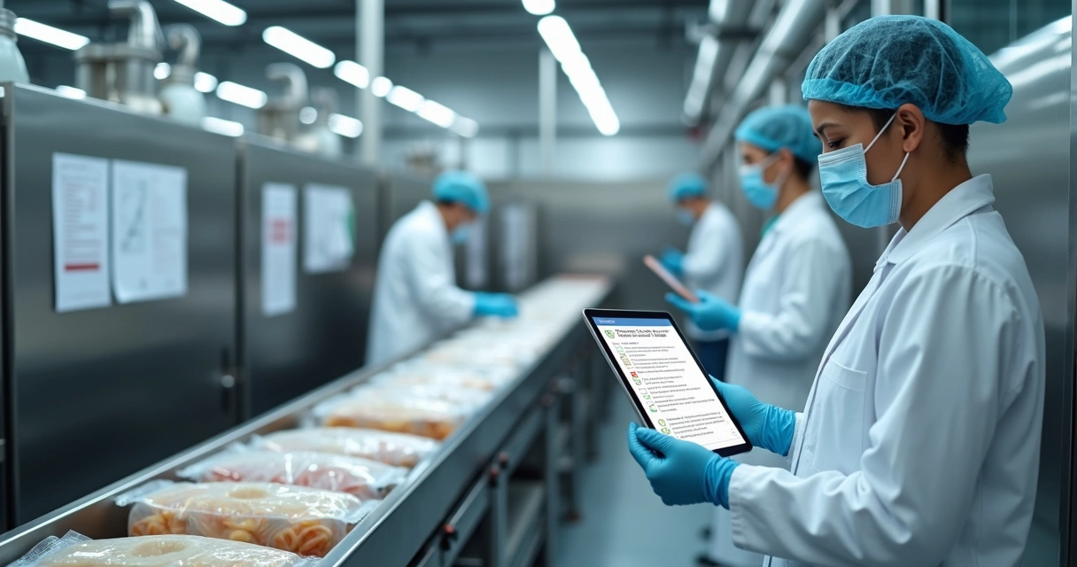 Técnico conferindo checklist de APPCC em tablet na linha de produção de alimentos 