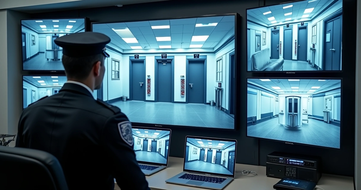 Central com telas de monitoramento de áreas restritas empresariais 