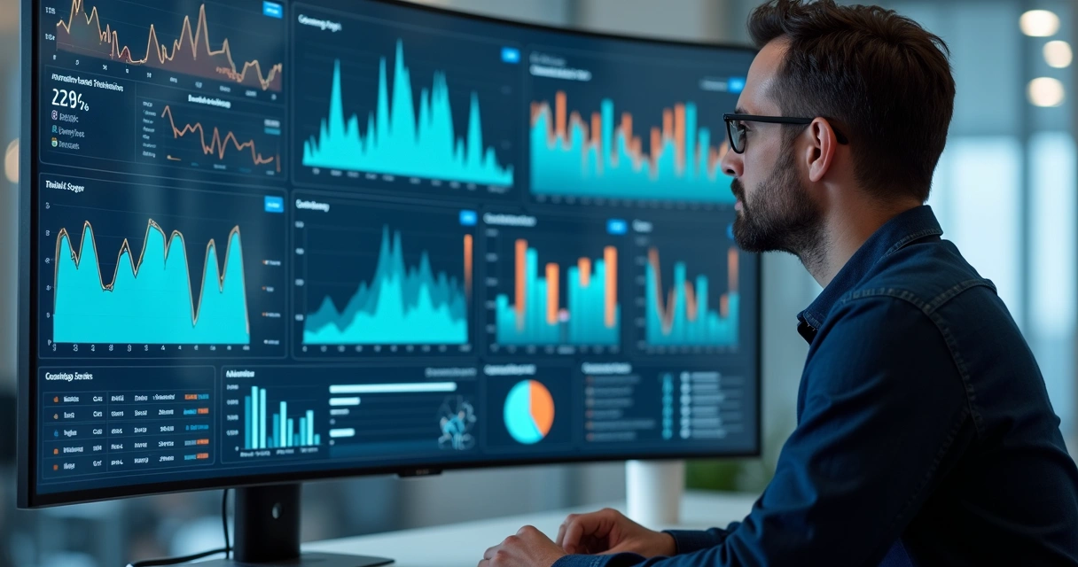 Gestor monitora indicadores de assistente virtual IA em dashboard digital 