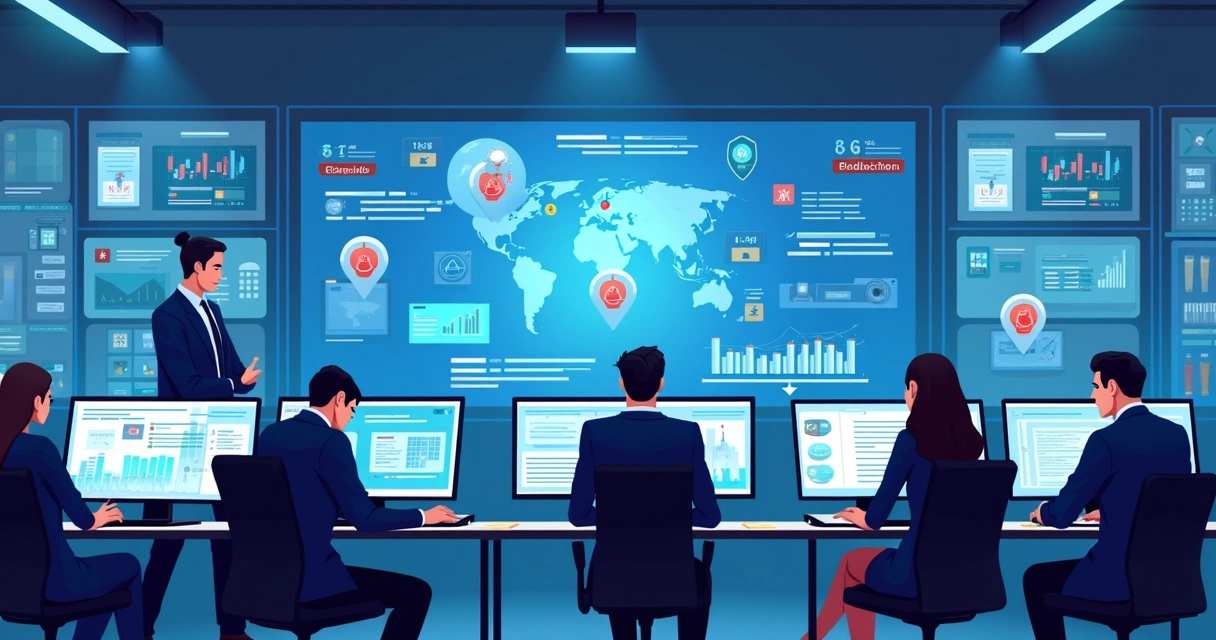 Equipe de campanha analisando dashboards de monitoramento de segurança digital 