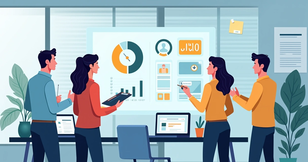 Equipe analisando tempo de atendimento em painel digital 