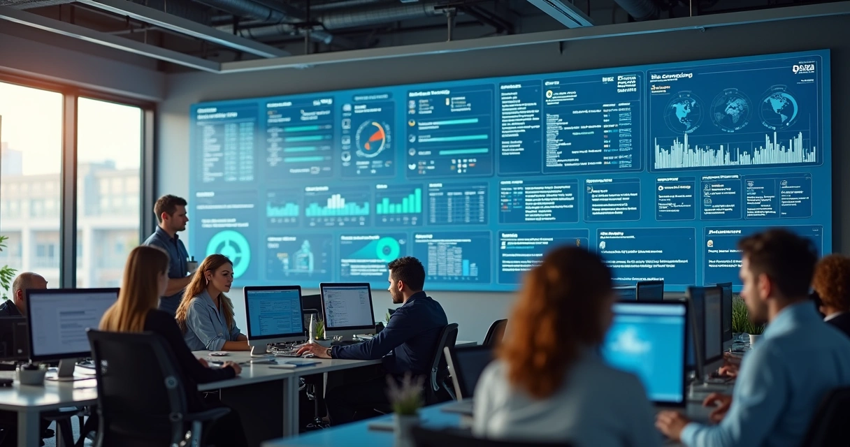 Equipe de atendimento analisando painel em tempo real 