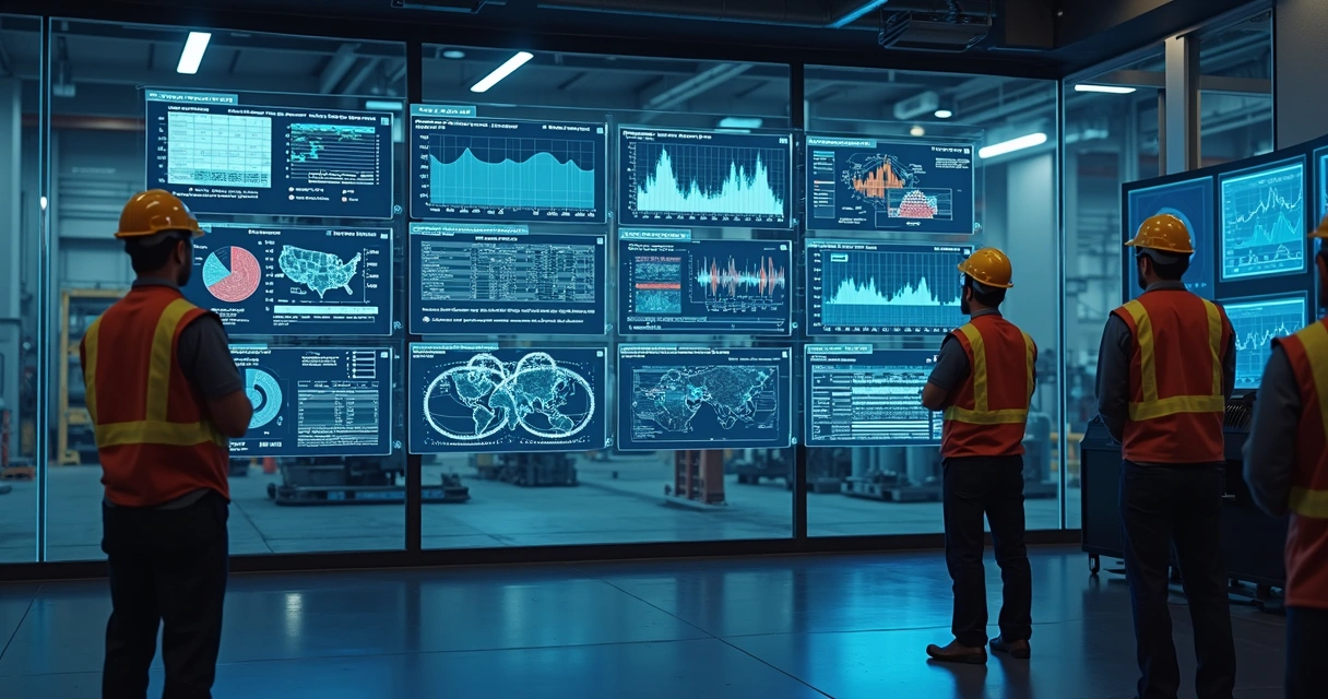 Painel de monitoramento de ativos industriais com sensores e gráficos