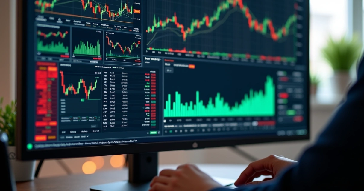 Tela de computador exibindo gráficos de risco de bots de trading 