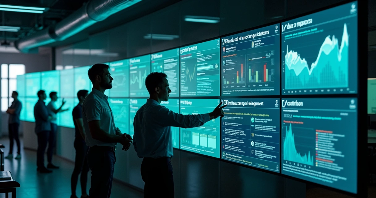 Telas mostrando monitoramento de sistemas e gráficos de acesso 
