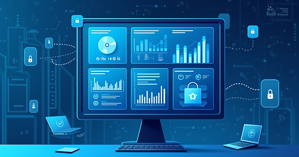 Tela de computador mostrando painel de monitoramento de ativos de TI com gráficos, alertas e dispositivos conectados 