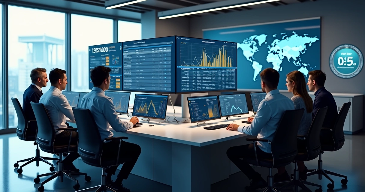 Equipe reunida em frente a vários monitores acompanhando atualização de dados em tempo real 