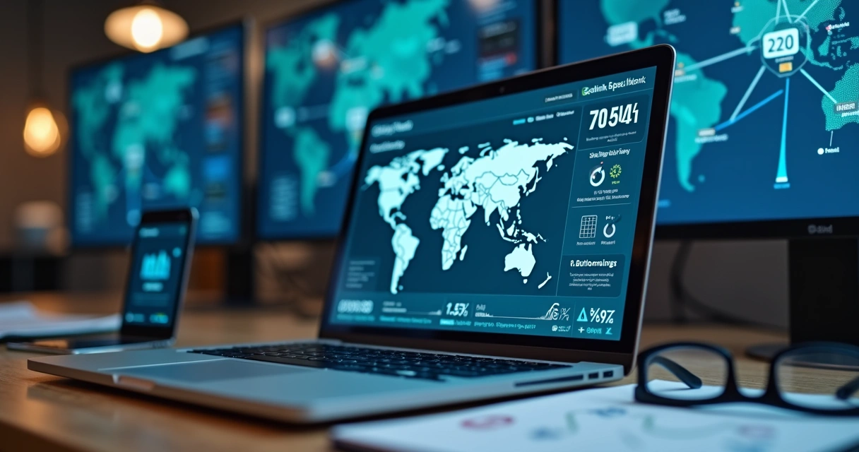 Painel de SEO mostrando gráfico de backlinks em um notebook sobre mesa de trabalho 