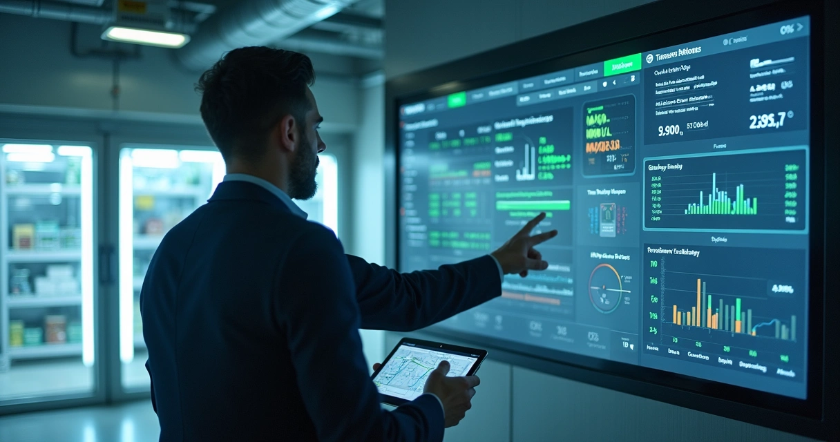 Gestor analisando painel de monitoramento automático com sensores IoT em câmara fria 
