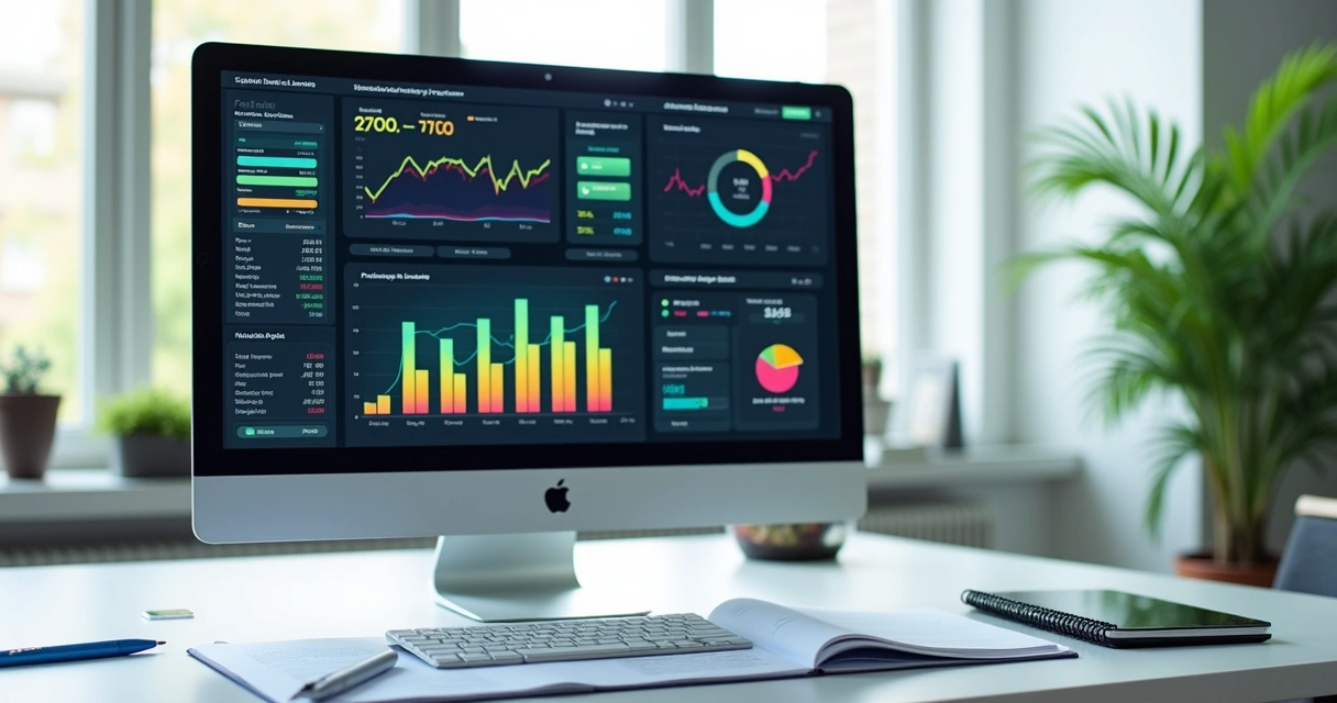 Tela de computador com gráficos de alertas e indicadores fiscais, ao lado de documentos fiscais digitais. 