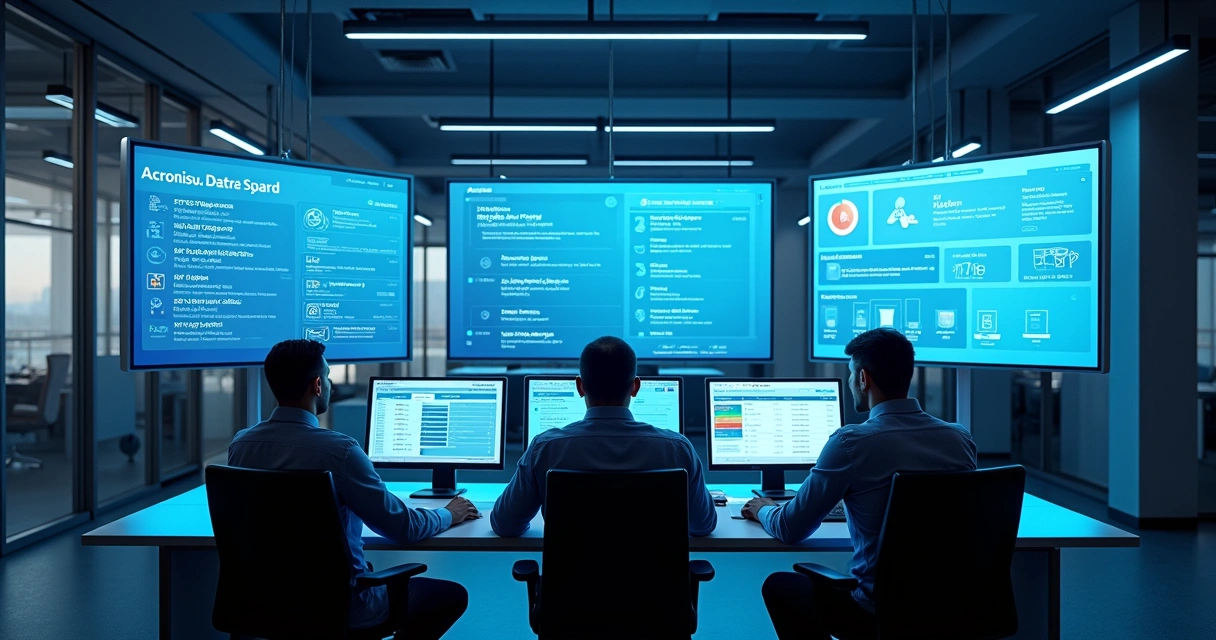 Painel de monitoramento de backup corporativo em ambiente de escritório 