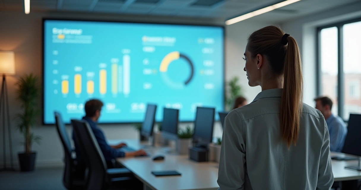 Gestora monitorando painel digital de bem-estar da equipe no escritório 