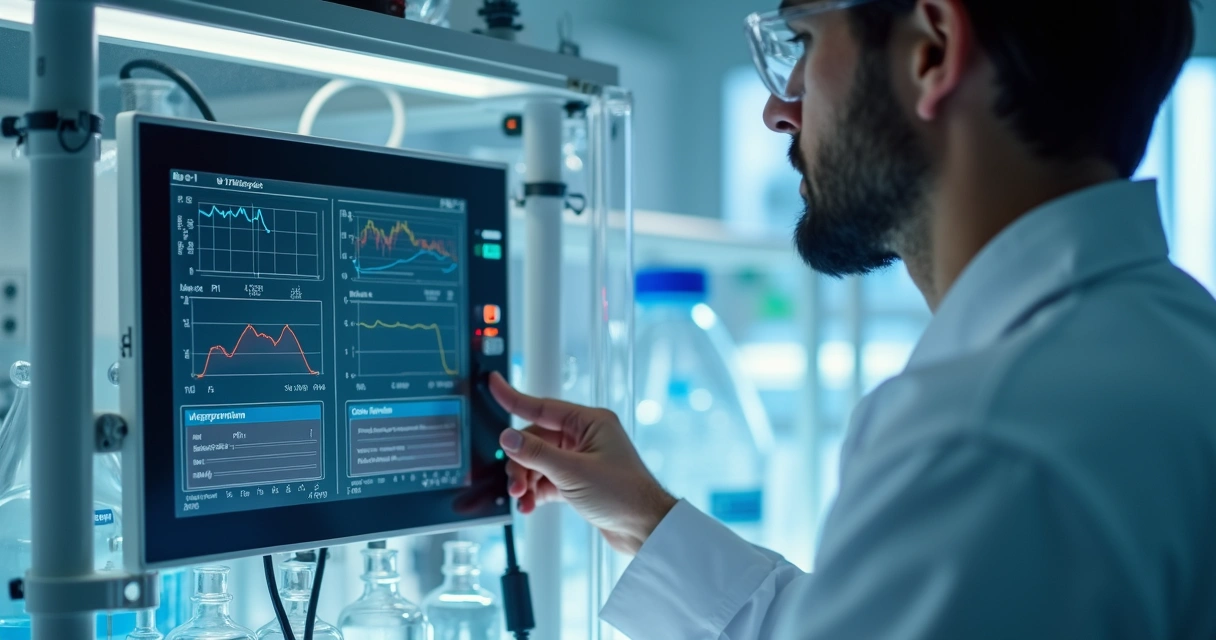 Pesquisador monitorando painel digital de biorreator em laboratório 