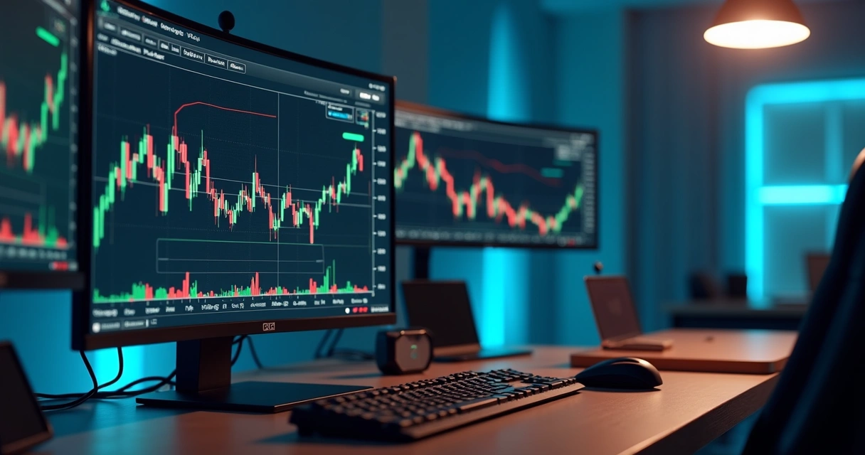 Tela de computador exibindo gráficos de criptomoedas com alertas de trading ativos e interface de monitoramento de bots 